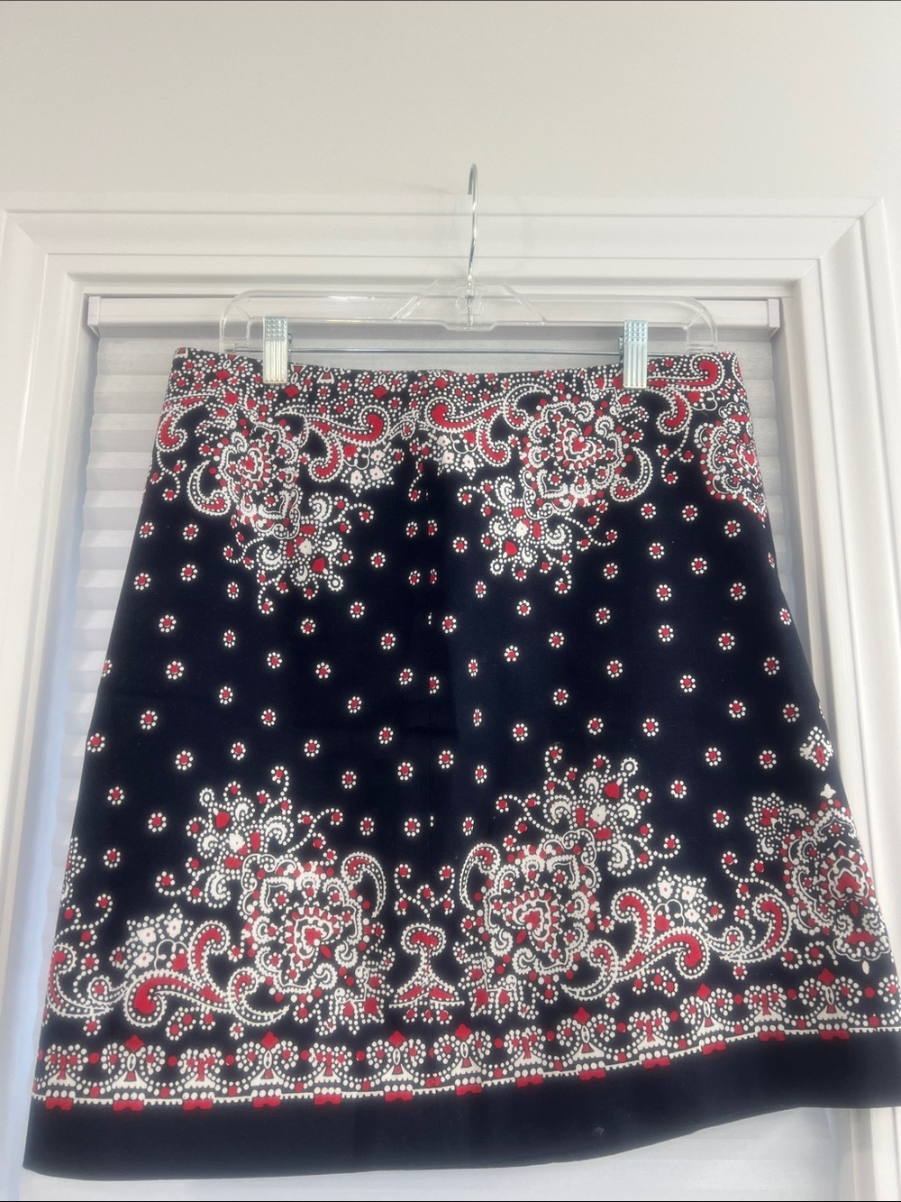 Talbots Navy Mini Skirt with Red and White Paisley Print